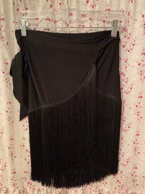 ZYM Dance Style Black Wrap Around Latin/Rhythm Dance Practice Skirt w/ Fringe- S